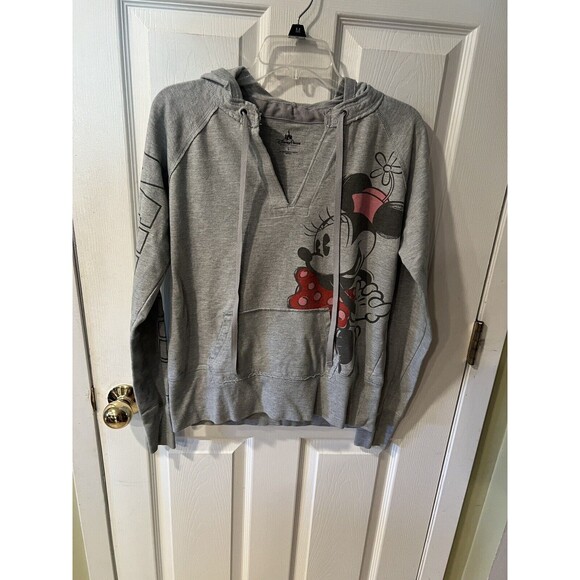 Disney Parks Sweatshirt Womens Sz L Minnie Mouse Hooded grey Pullover Hoodie - Picture 9 of 9